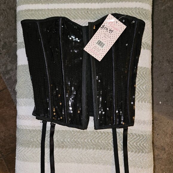 NWT Black Sequin LARGE Bustier/Corset w/Garters - Picture 4 of 15